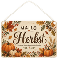 Gemütliches Holzschild zum Herbst mit Kürbis und Blättern