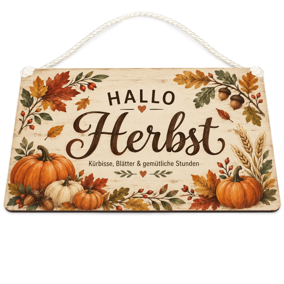 Gemütliches Holzschild zum Herbst mit Kürbis und Blättern