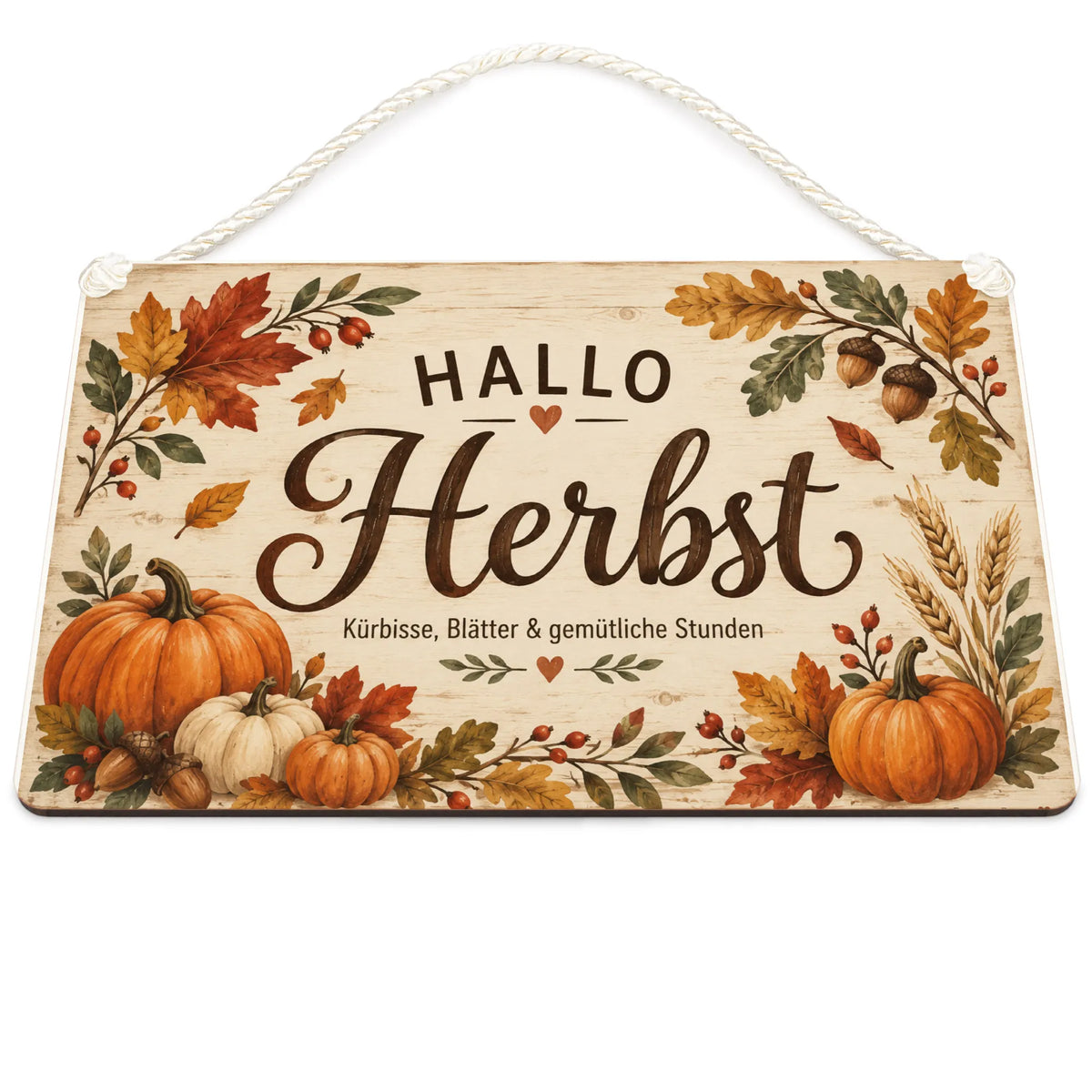 Gemütliches Holzschild zum Herbst mit Kürbis und Blättern
