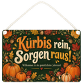 Lustiges Holzschild für den Herbst mit Kürbiskranz