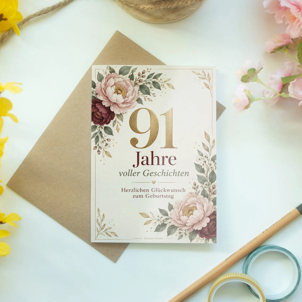 Elegante Geburtstagskarte zum 91. Geburtstag mit Pfingstrosen|p:2020978|h:0075d2848f44d04bc0cb6a5b935a0fa5