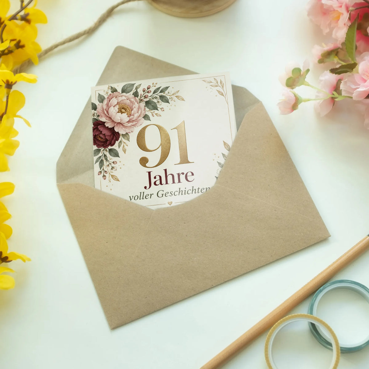 Elegante Geburtstagskarte zum 91. Geburtstag mit Pfingstrosen