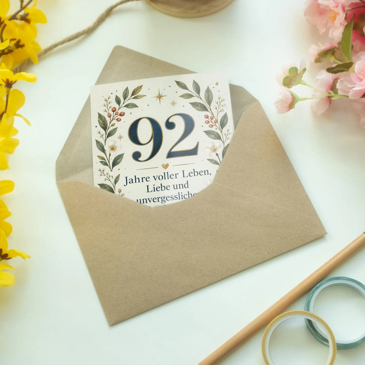 Elegante Geburtstagskarte zum 92. Geburtstag mit großer Zahl 92
