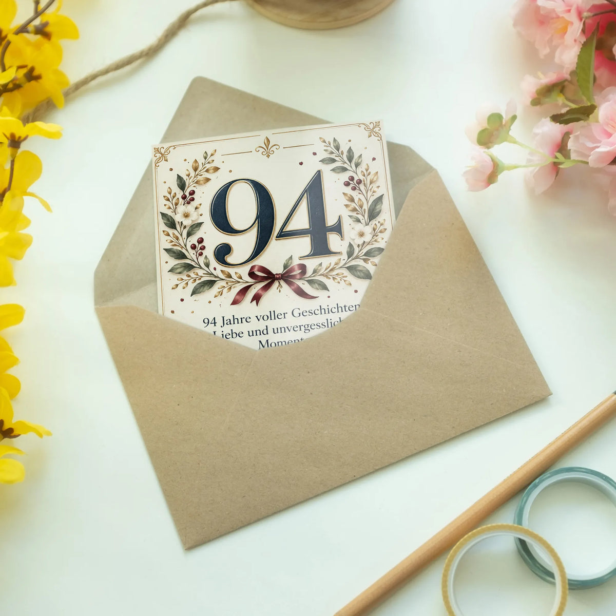Elegante Geburtstagskarte zum 94. Geburtstag mit großer Zahl 94