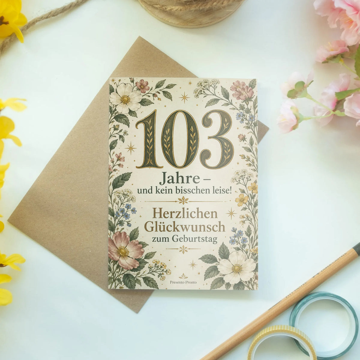 Lustige Geburtstagskarte zum 103. Geburtstag mit Wildblumen