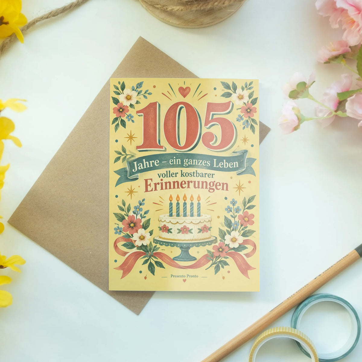 Würdevolle Karte zum 105. Geburtstag mit Zahl und Blumen