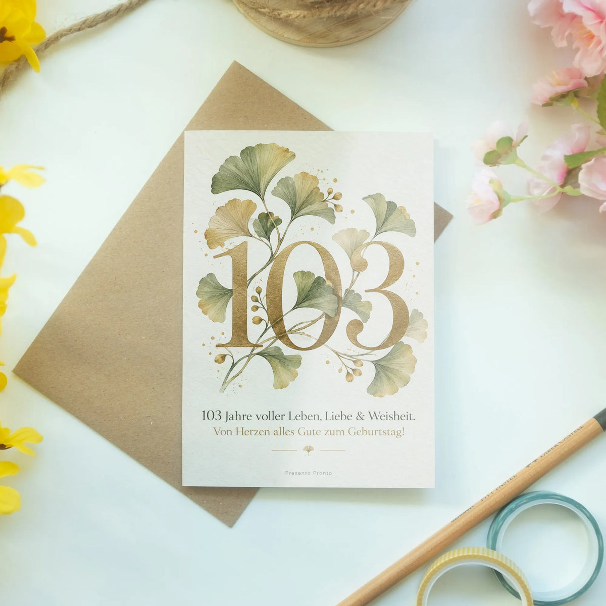 Elegante Geburtstagskarte zum 103. Geburtstag mit Ginkgo