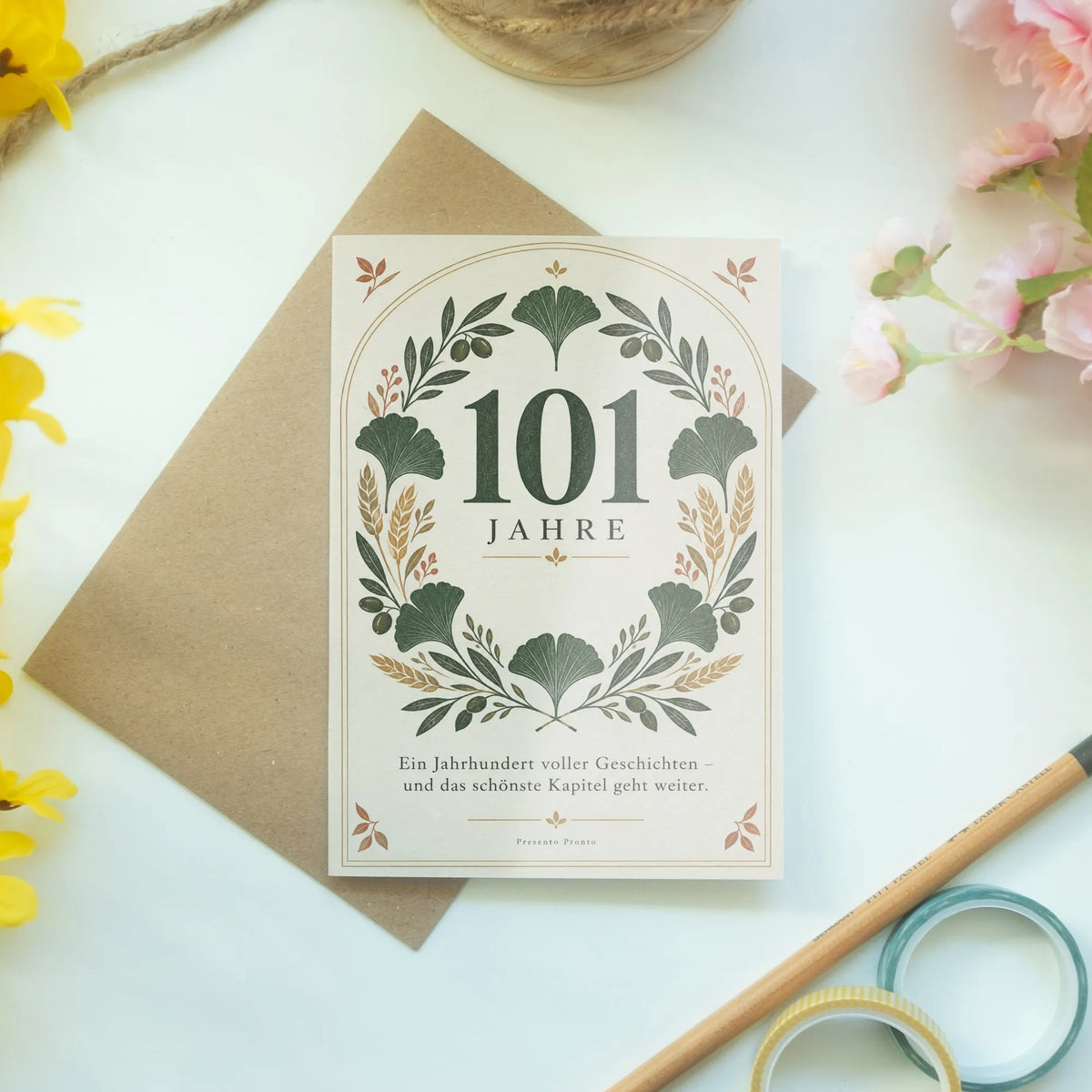 Würdevolle Geburtstagskarte zum 101. Geburtstag mit Ginkgokranz