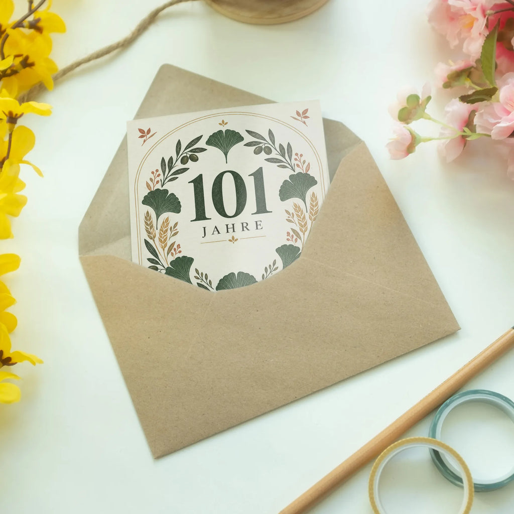 Würdevolle Geburtstagskarte zum 101. Geburtstag mit Ginkgokranz|p:2020993|h:26672bf63449cc38ee8fa43c336dc737