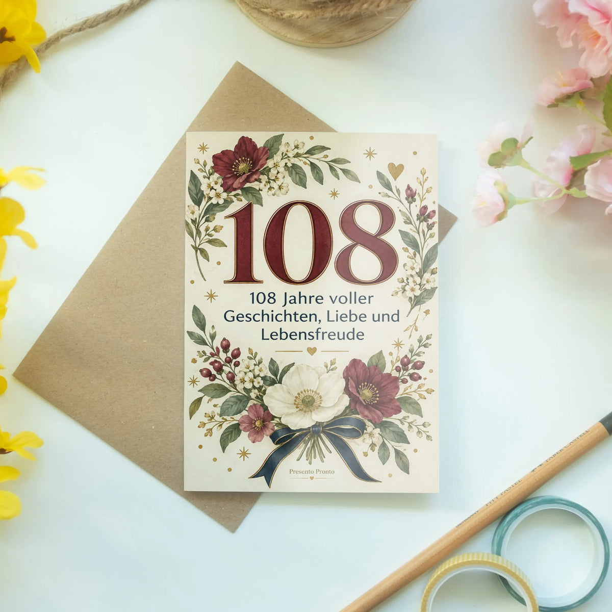 Elegante Geburtstagskarte zum 108. Geburtstag mit Wildblumen