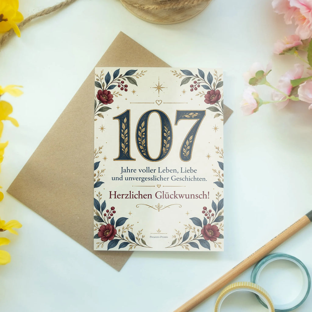 Elegante Geburtstagskarte zum 107. Geburtstag mit goldener Zahl|p:2020998|h:d03a47eaaac539497a4b166e203e8f99