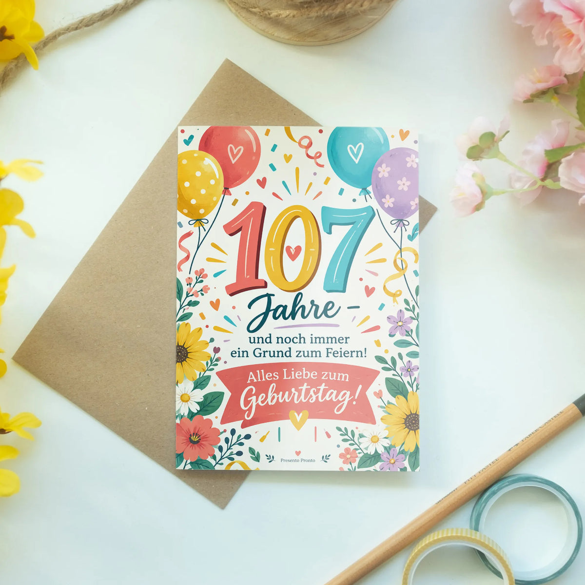 Fröhliche Geburtstagskarte zum 107. Geburtstag mit Luftballons