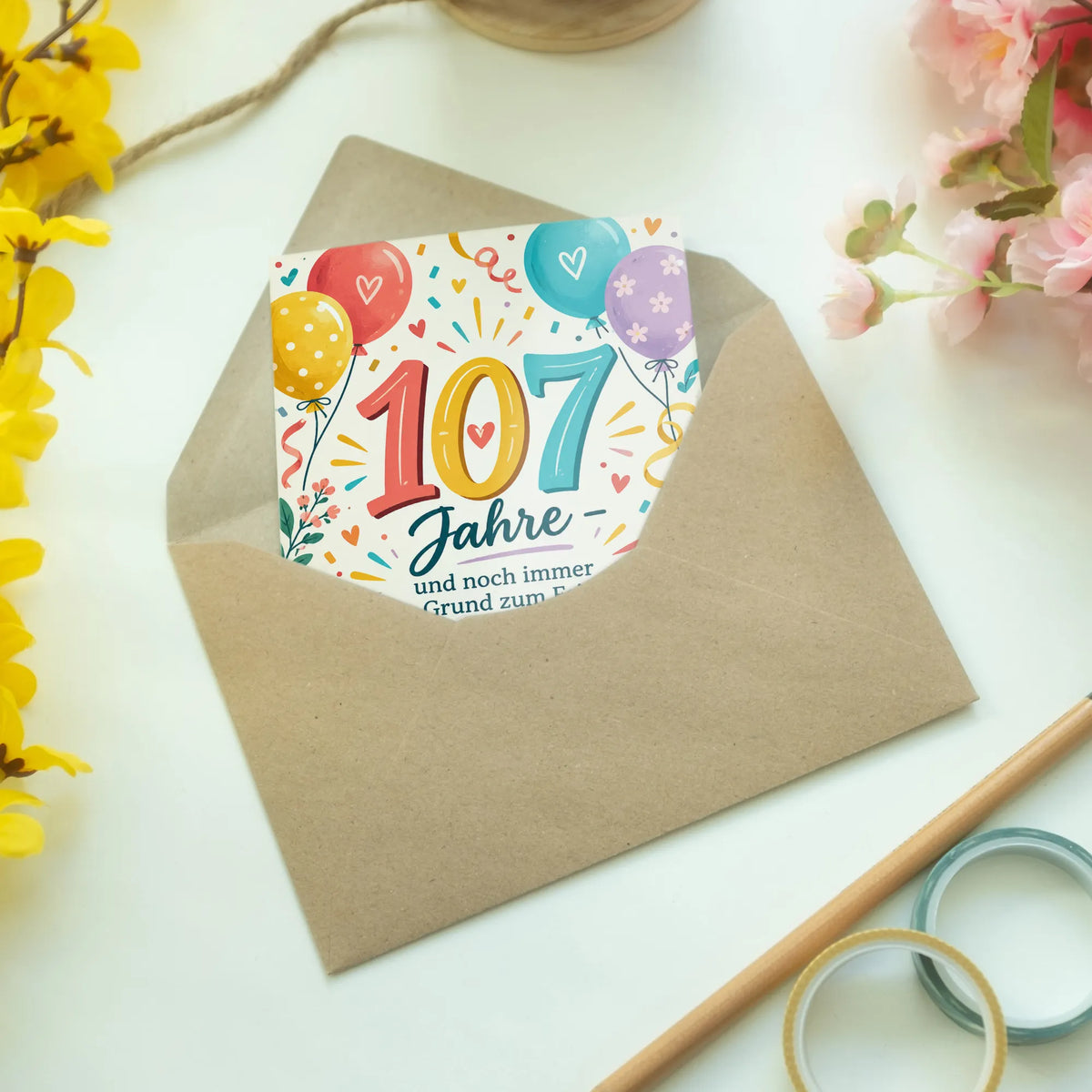 Fröhliche Geburtstagskarte zum 107. Geburtstag mit Luftballons