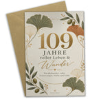 Elegante Geburtstagskarte zum 109. Geburtstag mit Ginkgoblatt|p:2021003|h:1b2e2a4e9fe99d89abd5475417572207