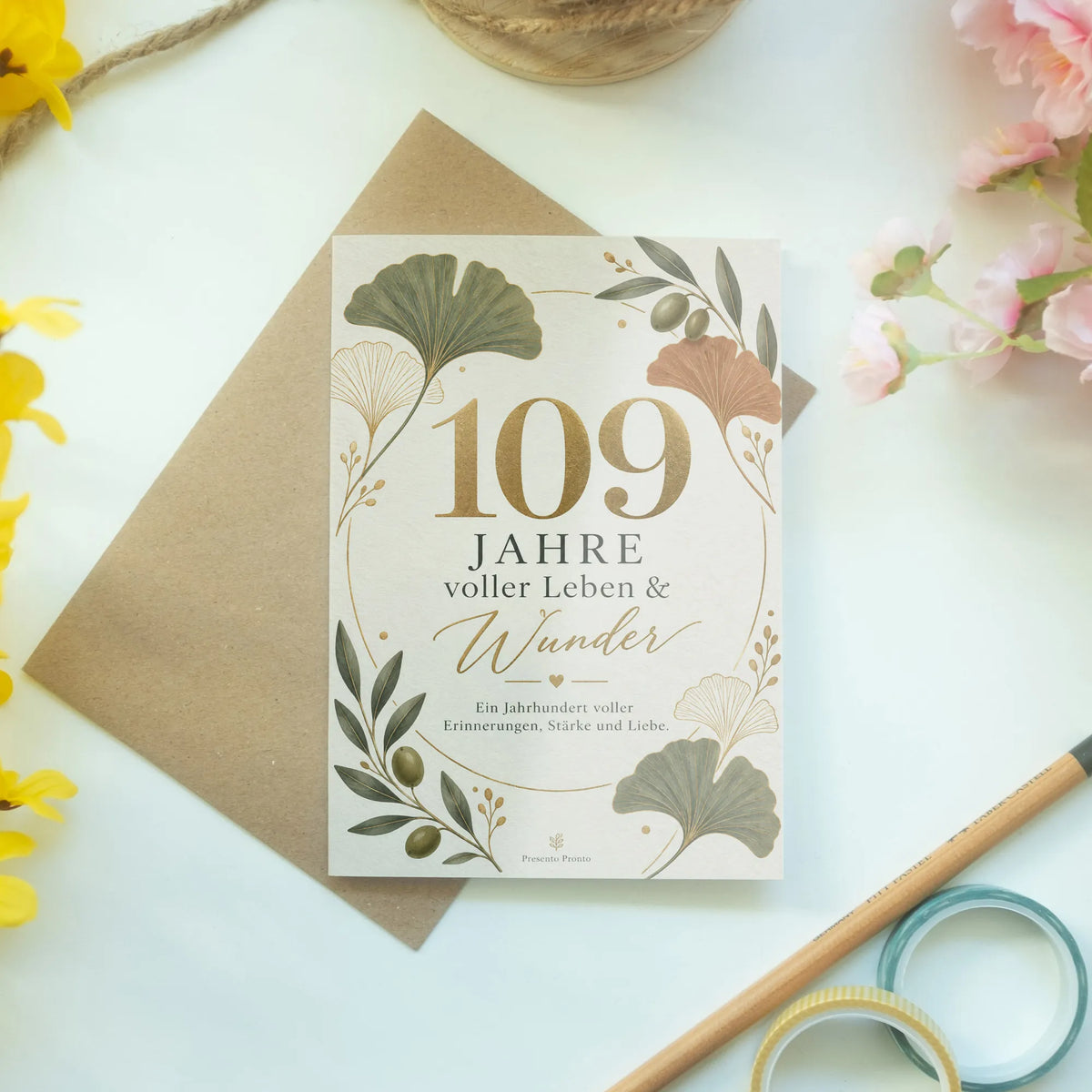 Elegante Geburtstagskarte zum 109. Geburtstag mit Ginkgoblatt