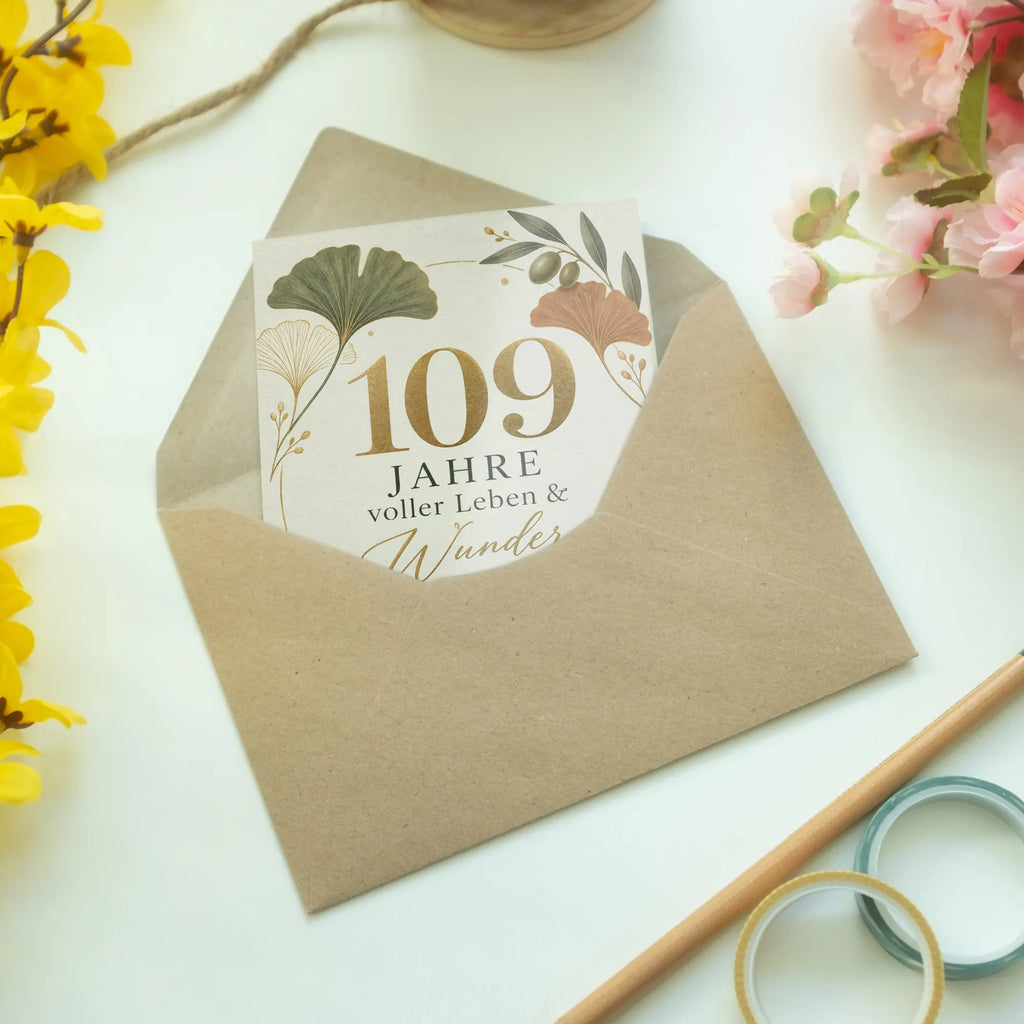 Elegante Geburtstagskarte zum 109. Geburtstag mit Ginkgoblatt|p:2021003|h:aa5c21051d2c052392900b18c1c9e23d