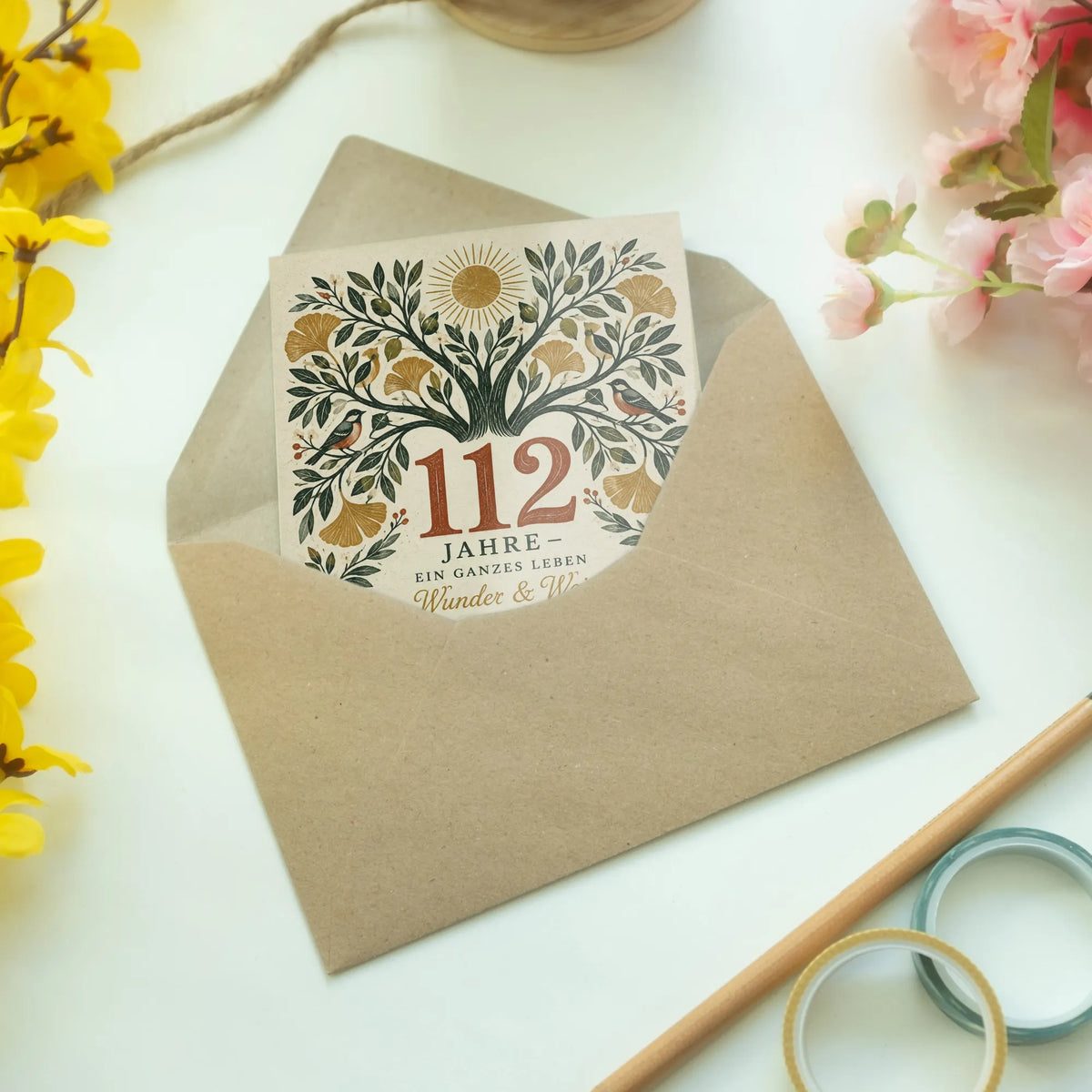 Würdevolle Geburtstagskarte zum 112. Geburtstag mit Lebensbaum