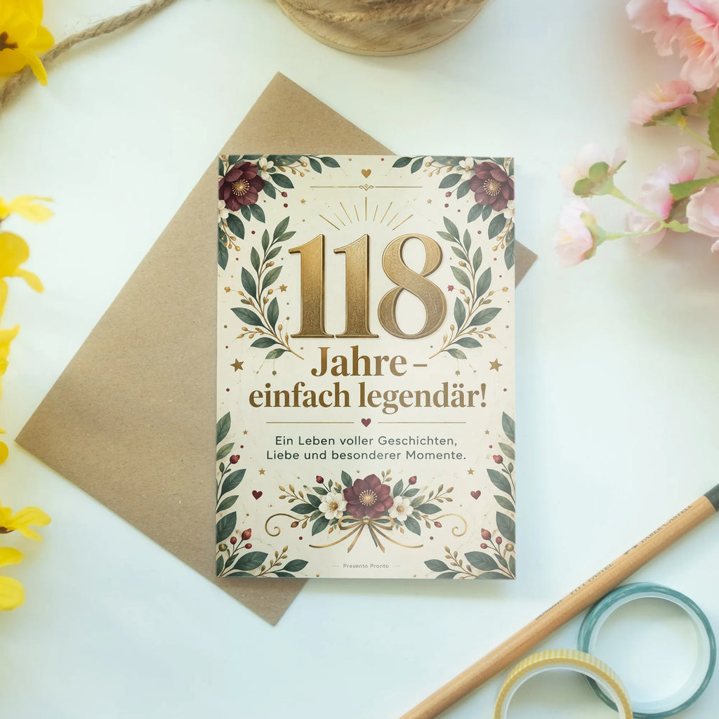 Elegante Geburtstagskarte zum 118. Geburtstag mit goldener Zahl|p:2021009|h:9a2b833c36a5dfed290e38319f5a9e04