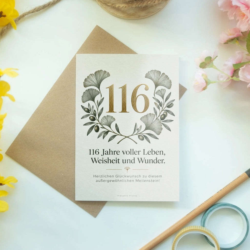 Ehrwürdige Karte zum 116. Geburtstag mit goldener Zahl|p:2021015|h:860ff890744738fd0f50c67ee80915c5