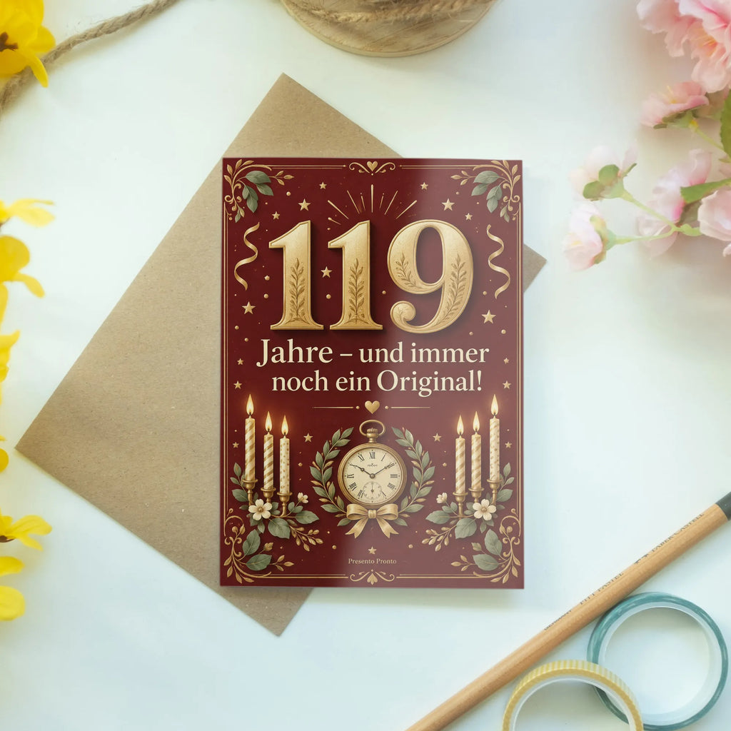 Würdige Geburtstagskarte zum 119. Geburtstag mit goldener Zahl|p:2021017|h:54d0df182385ec6b9bd91e68ac136fa9