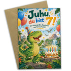 Lustige Geburtstagskarte zum 7. Geburtstag mit Dinosaurier|p:2021027|h:b0d73e9dab8967101860476240817065