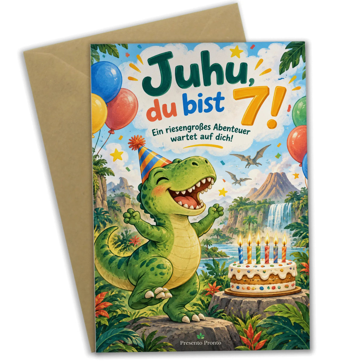 Lustige Geburtstagskarte zum 7. Geburtstag mit Dinosaurier