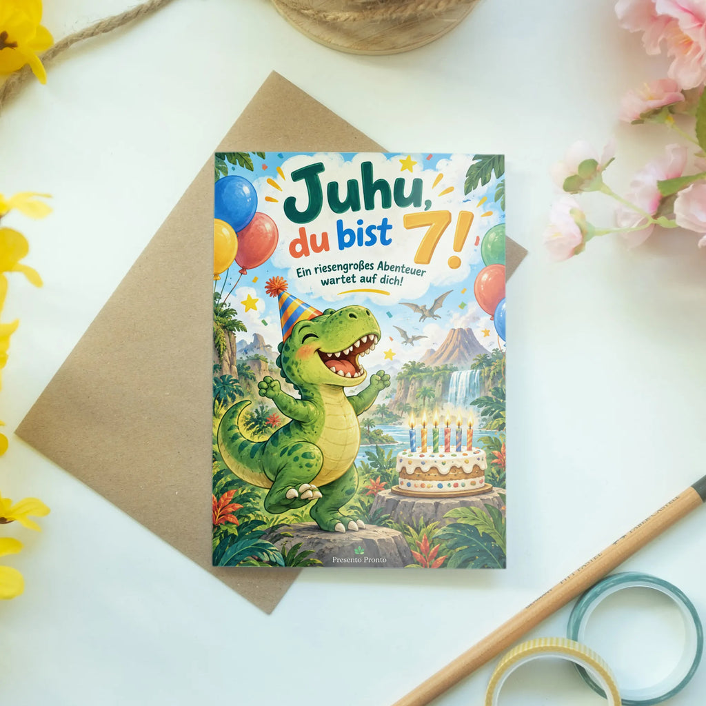 Lustige Geburtstagskarte zum 7. Geburtstag mit Dinosaurier|p:2021027|h:f1b92448879675697c3cf58e887a2de8