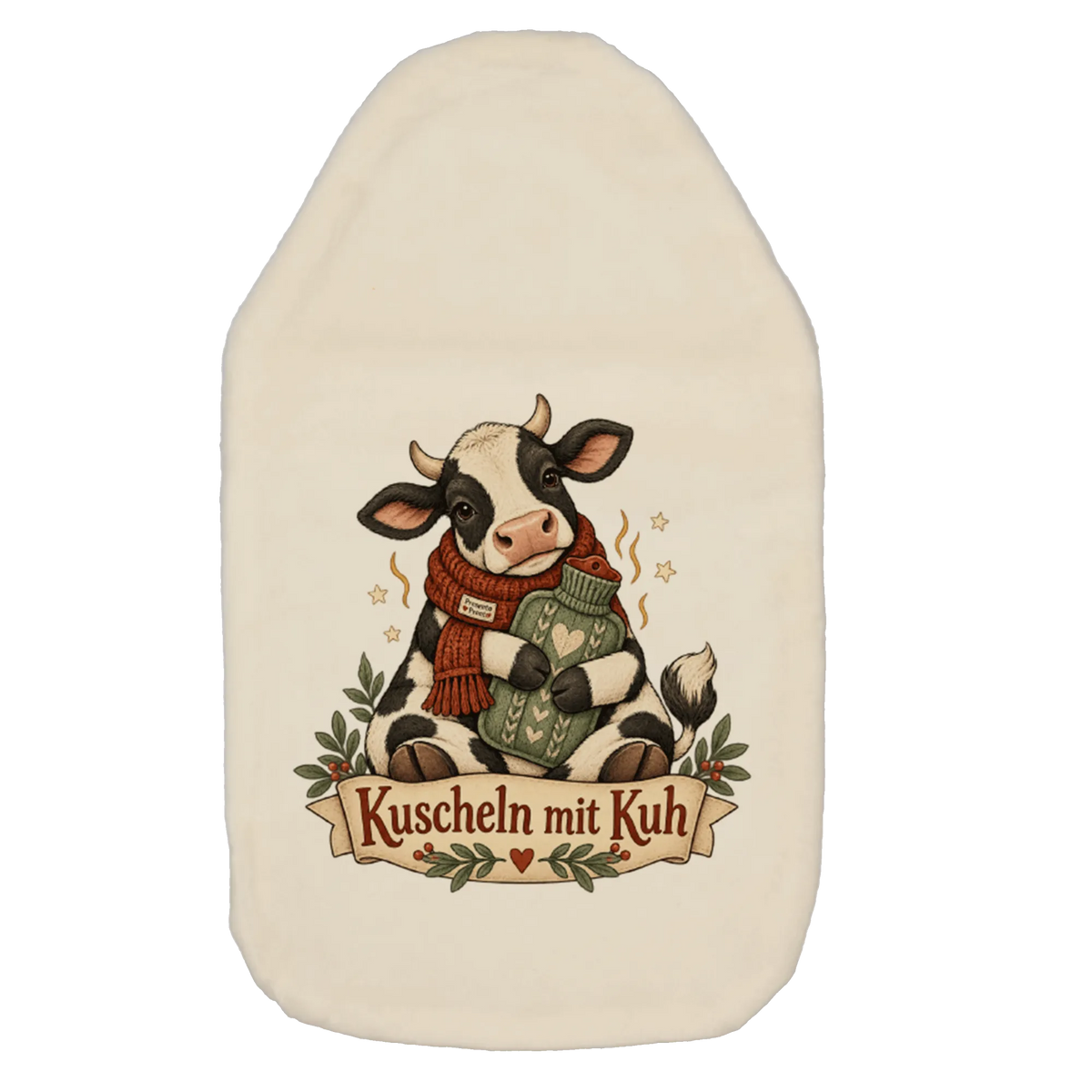 Kuschelige Wärmflasche mit Kuh im Schal für kalte Tage