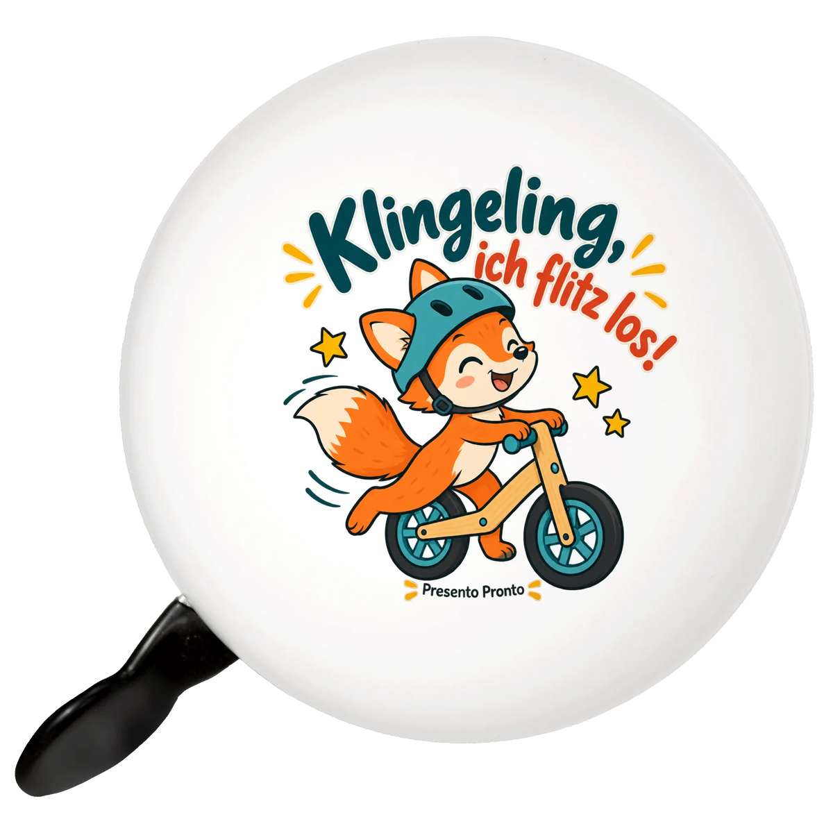 Lustige Fahrradklingel für Laufrad mit fröhlichem Fuchs