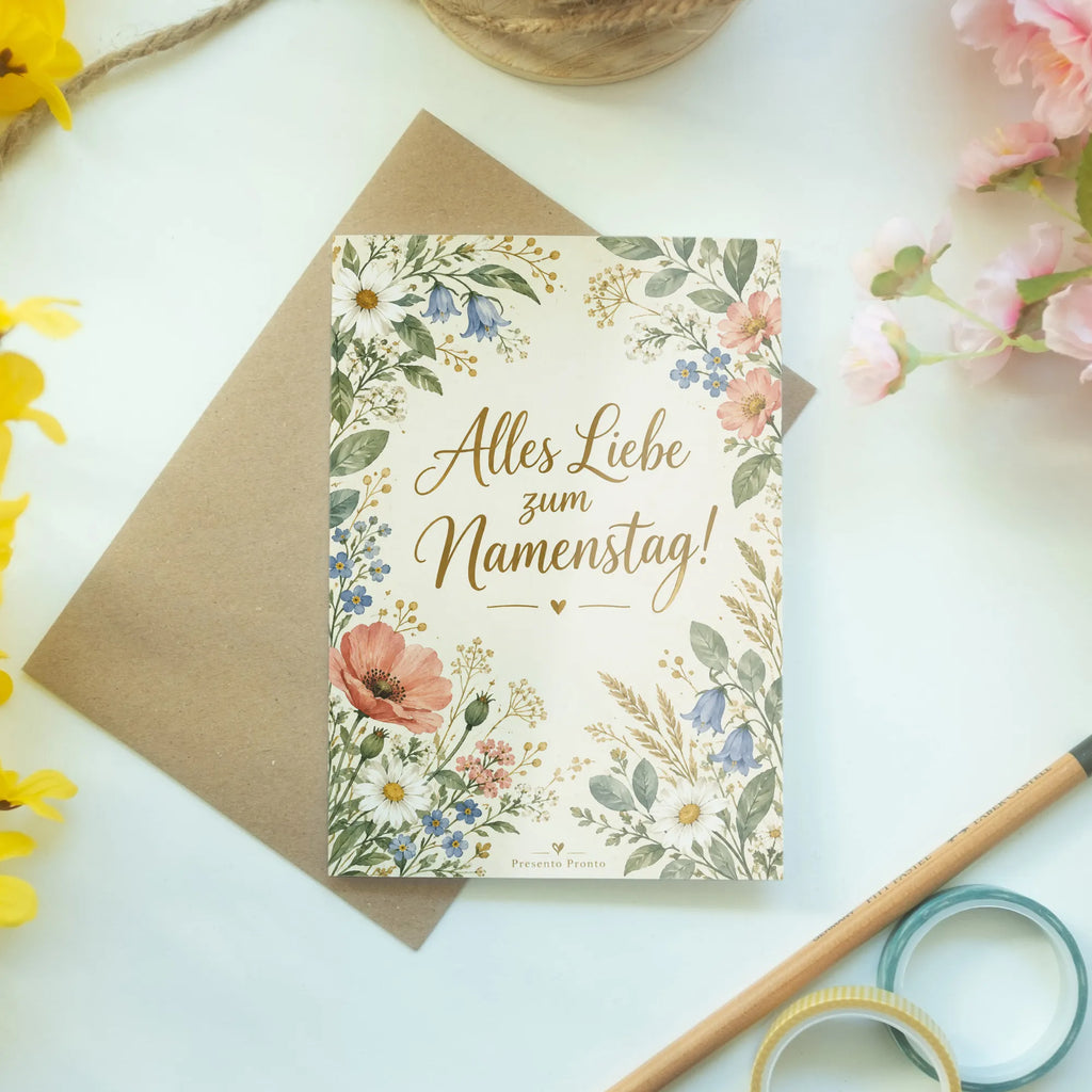 Elegante Glückwunschkarte zum Namenstag mit Wildblumen|p:2021107|h:9b68c43e01bbef6f28b8f252f5bd007d