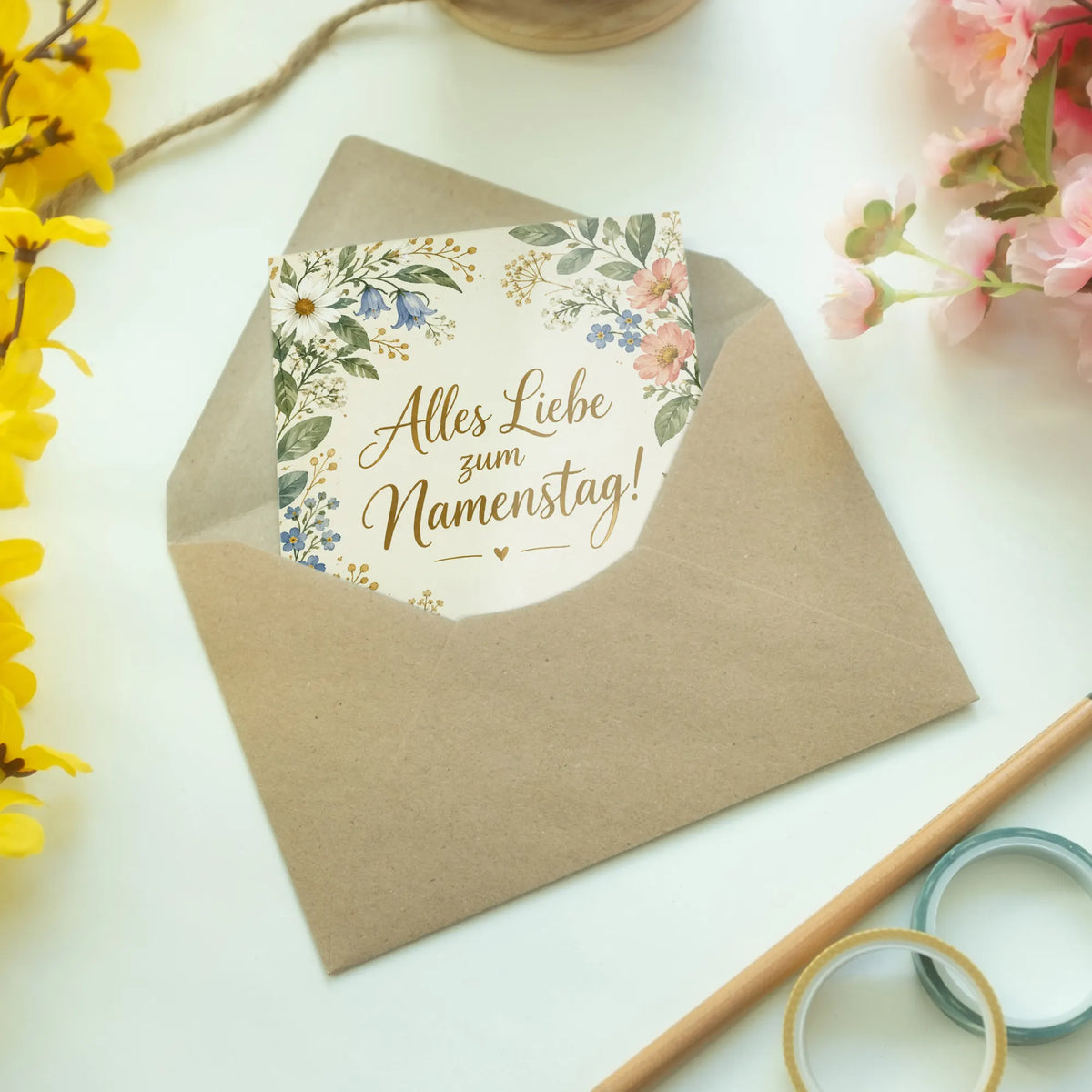 Elegante Glückwunschkarte zum Namenstag mit Wildblumen