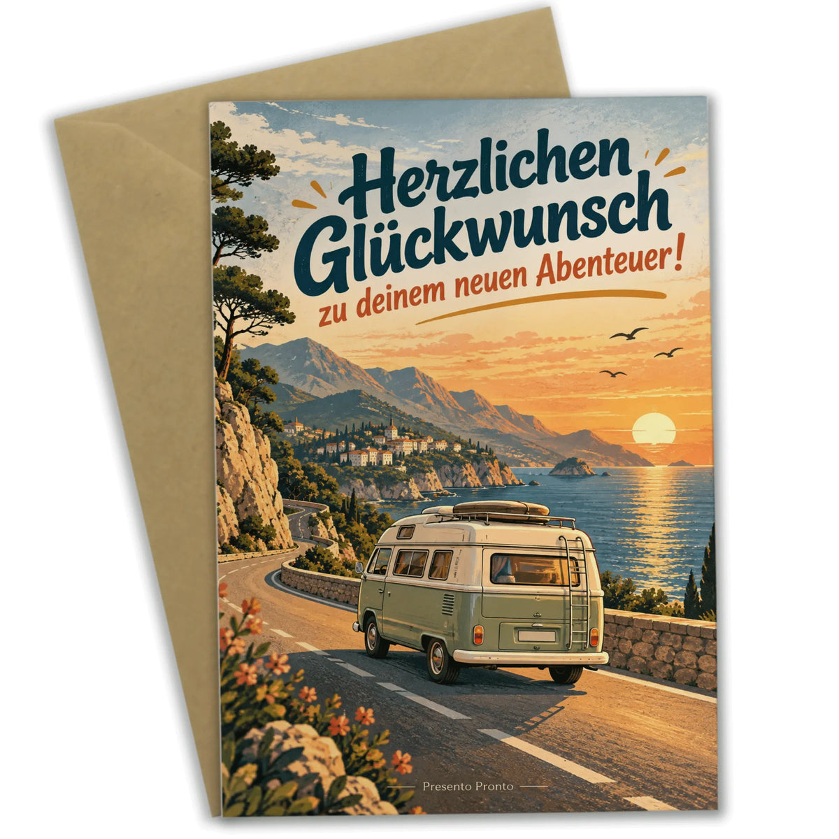 Herzliche Glückwunschkarte zum Wohnmobil mit Küstenstraße