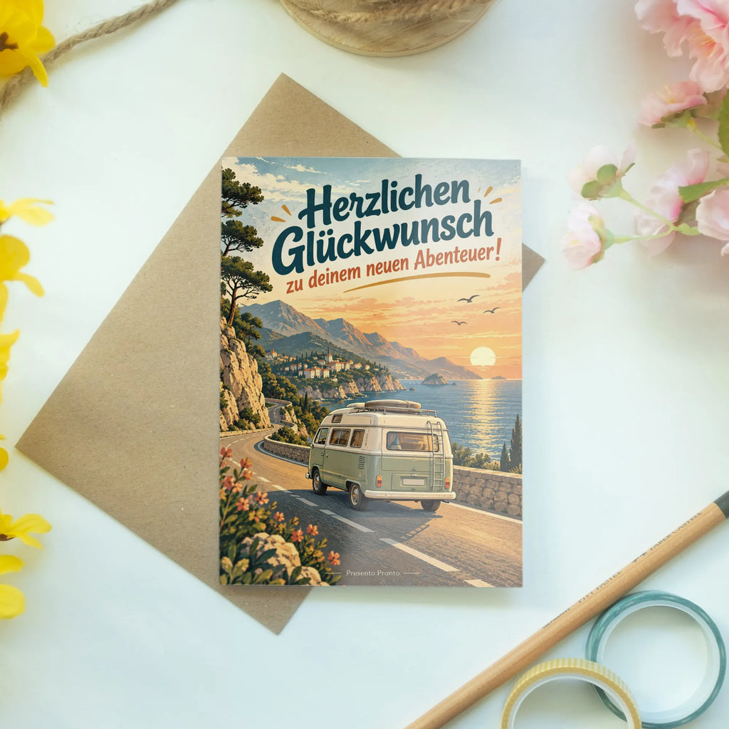 Herzliche Glückwunschkarte zum Wohnmobil mit Küstenstraße|p:2021108|h:86d60abb28179b2c377d3641415916d4