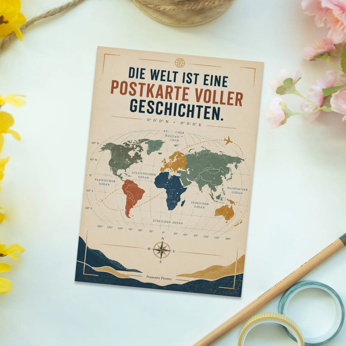 Nostalgische Postkarte mit Weltkarte für Weltenbummler