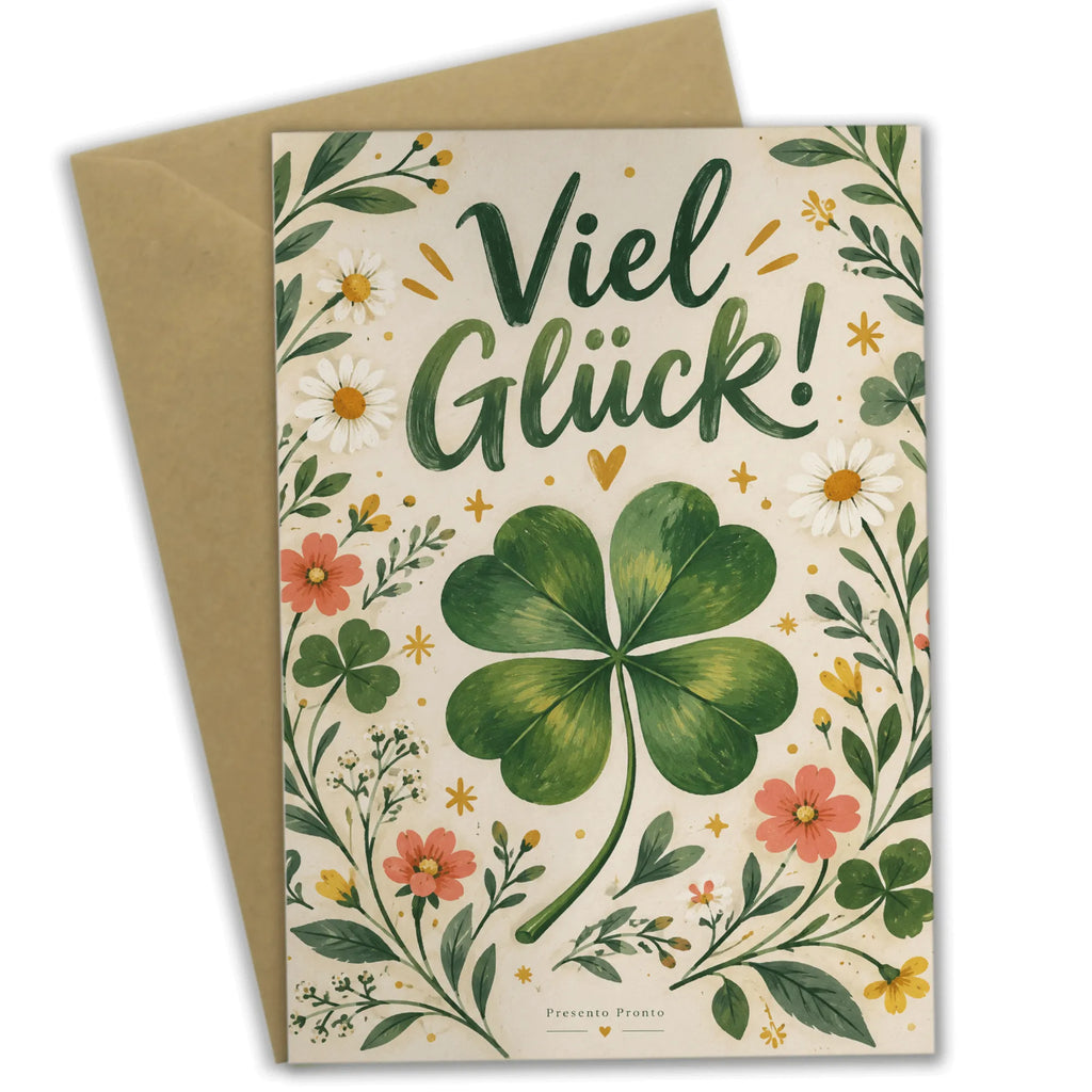 Optimistische Grußkarte für viel Glück mit Kleeblatt|p:2021110|h:256ebcc3c6359f16982b76808a88e7ae