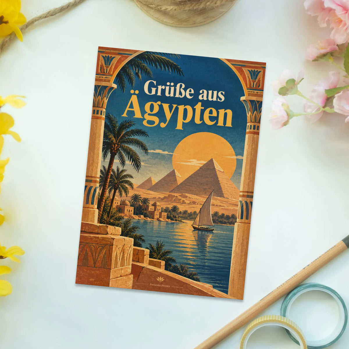 Nostalgische Urlaubspostkarte aus Ägypten mit Pyramiden