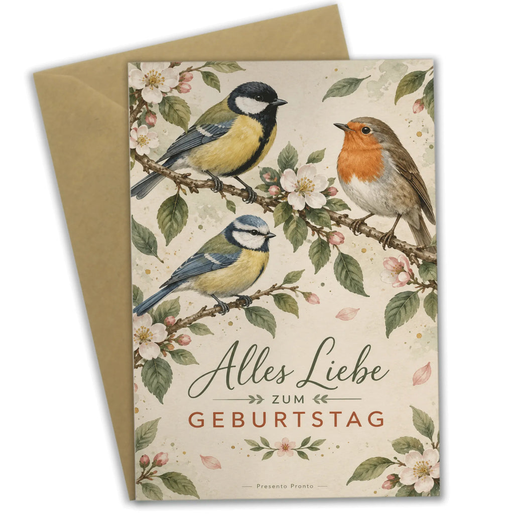 Elegante Grußkarte mit Vögeln zum Geburtstag auf Blütenzweigen|p:2021115|h:f90fb2a5d7ffe452b03306bdedcfb21e