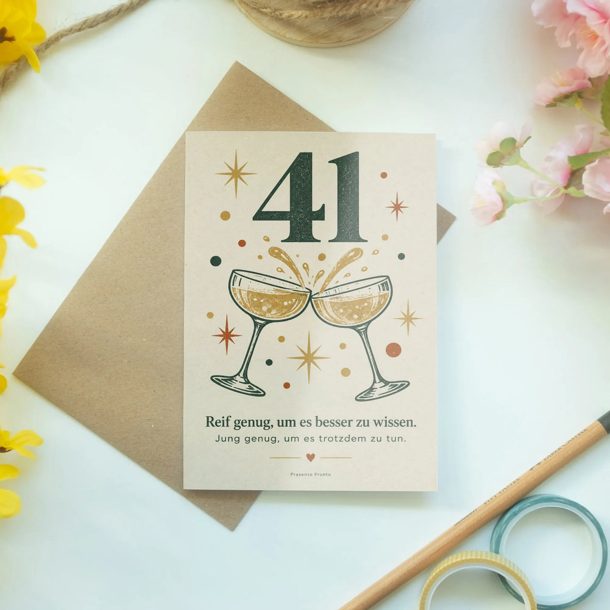 Lustige Geburtstagskarte zum 41. Geburtstag mit Champagnergläsern