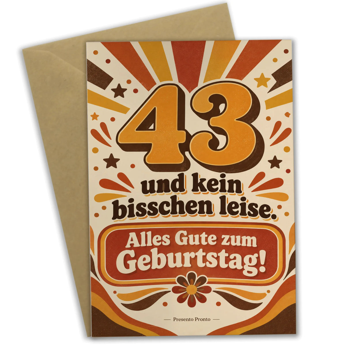 Lustige Geburtstagskarte zum 43. Geburtstag mit Retrostrahlen