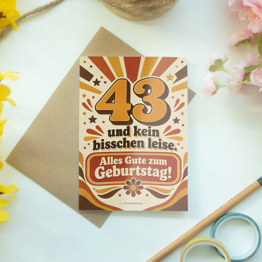 Lustige Geburtstagskarte zum 43. Geburtstag mit Retrostrahlen|p:2021129|h:f5b187706558f44c3d57f7c444054fd9