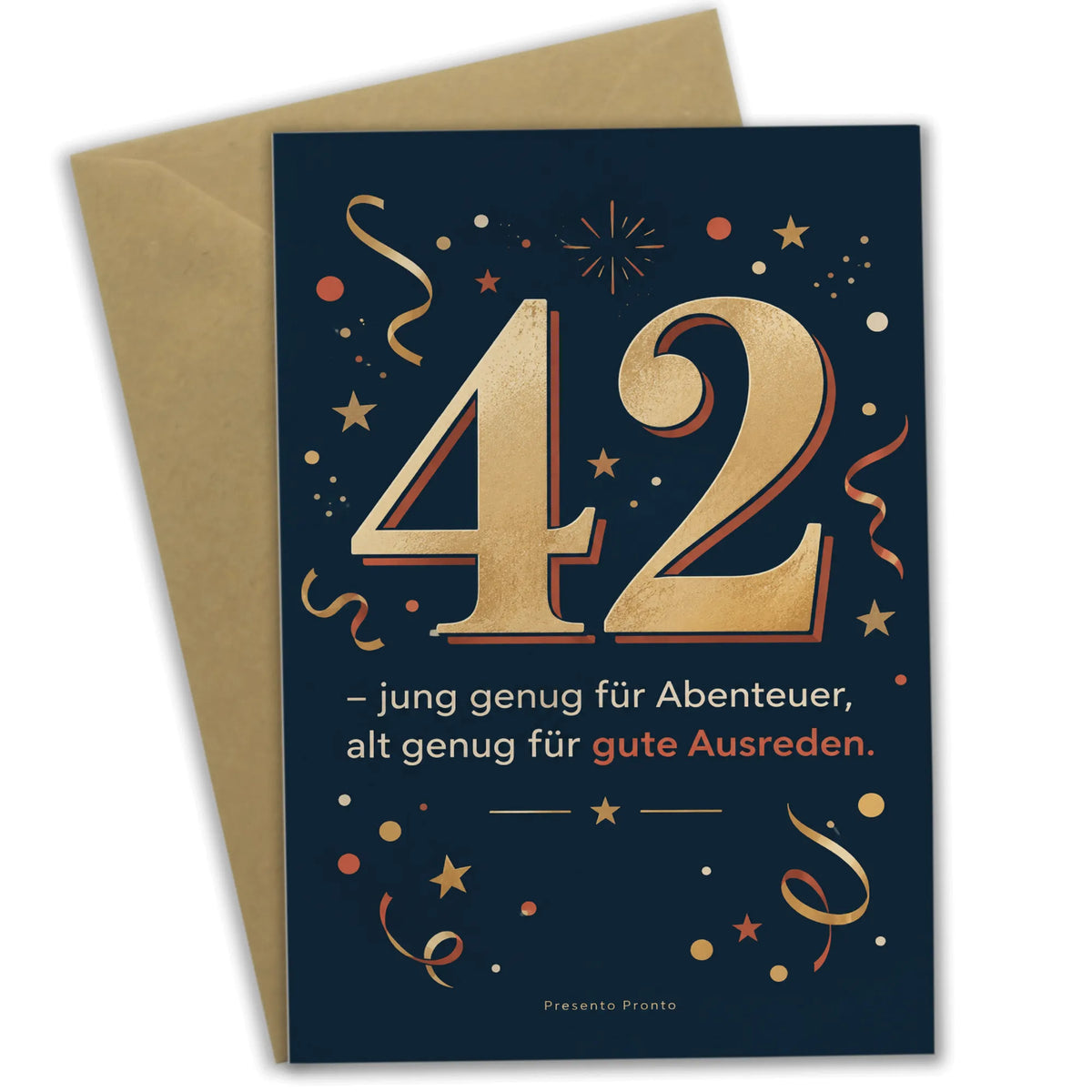Lustige Geburtstagskarte zum 42. Geburtstag mit Zahl in Gold