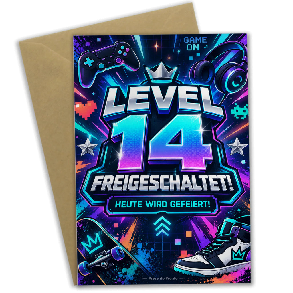 Coole Geburtstagskarte zum 14. Geburtstag mit Level-up|p:2021138|h:7ad990ad4f80e0cc13072d81a365cc13