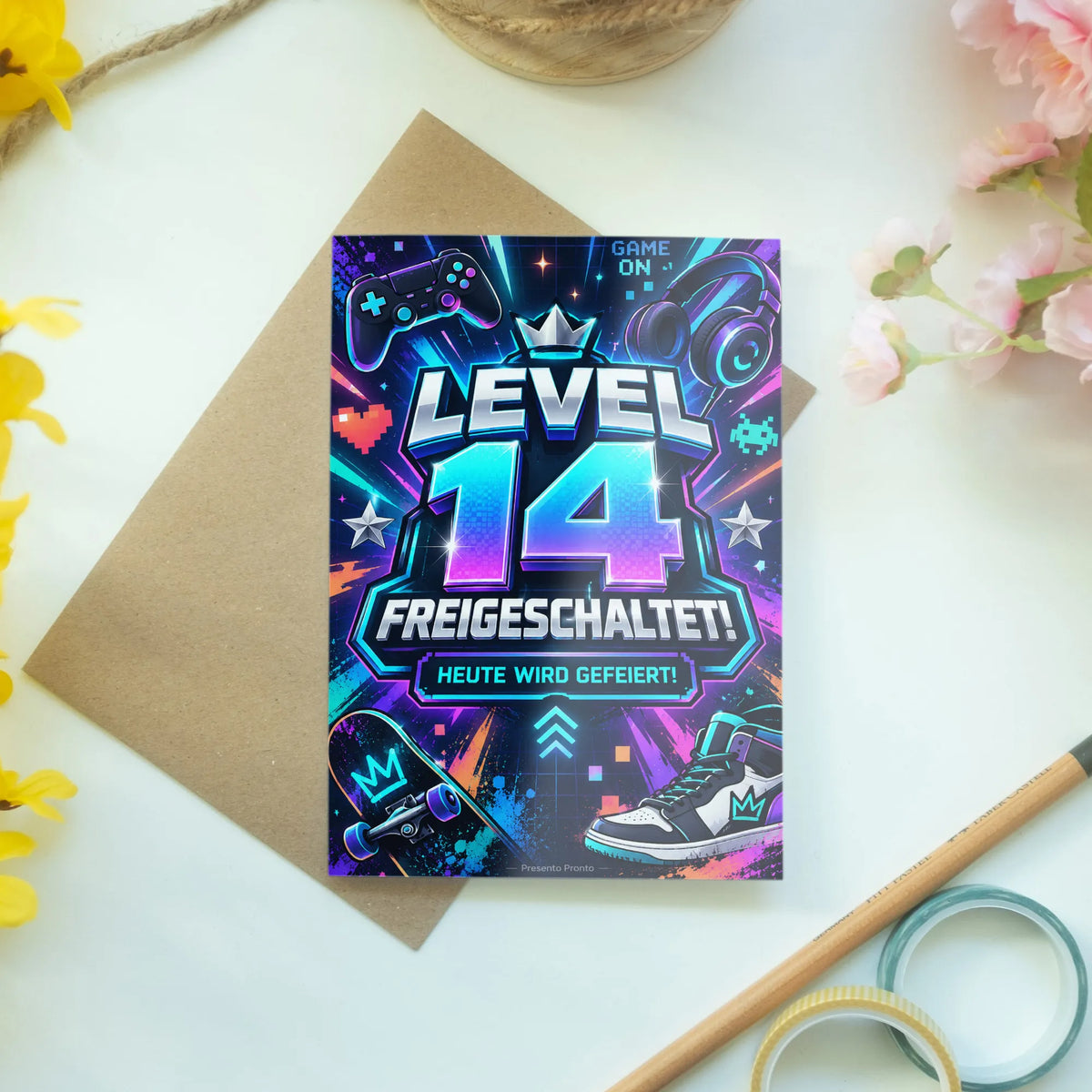 Coole Geburtstagskarte zum 14. Geburtstag mit Level-up