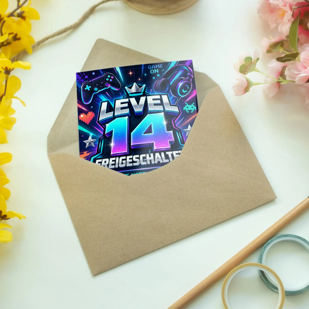Coole Geburtstagskarte zum 14. Geburtstag mit Level-up