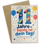 Fröhliche Geburtstagskarte zum 11. Geburtstag mit bunter Zahl 11|p:2021145|h:e4bae9ebdd7a20bcf935761220543de5