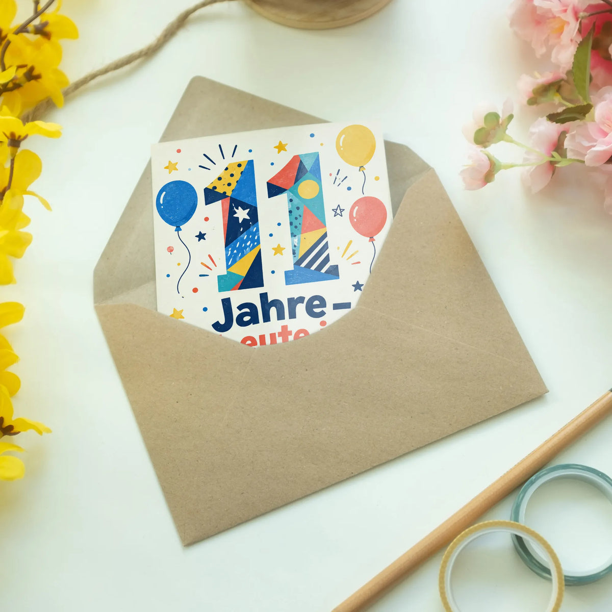 Fröhliche Geburtstagskarte zum 11. Geburtstag mit bunter Zahl 11