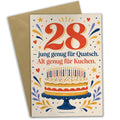 Lustige Geburtstagskarte zum 28. Geburtstag mit Kuchen und Konfetti