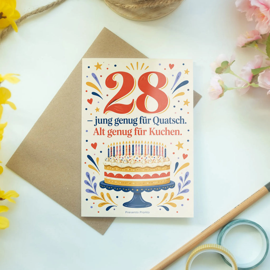 Lustige Geburtstagskarte zum 28. Geburtstag mit Kuchen und Konfetti|p:2021153|h:76f716b160929454ae7263c46afc2e1e