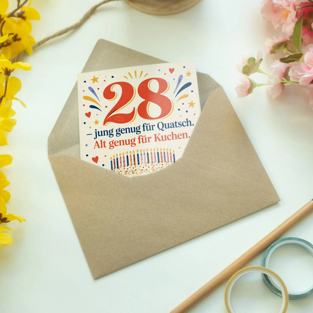Lustige Geburtstagskarte zum 28. Geburtstag mit Kuchen und Konfetti|p:2021153|h:d23cf0b0edabfbda5057d95ec5a660cd