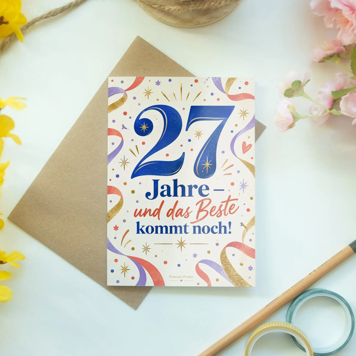 Elegante Geburtstagskarte zum 27. Geburtstag mit goldblauer 27